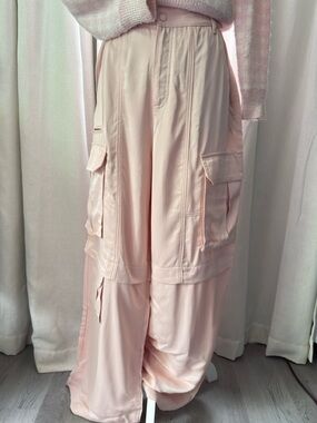 Zara Pink Silk High-Waist Wide Leg Cargo Pants - Soft Blush